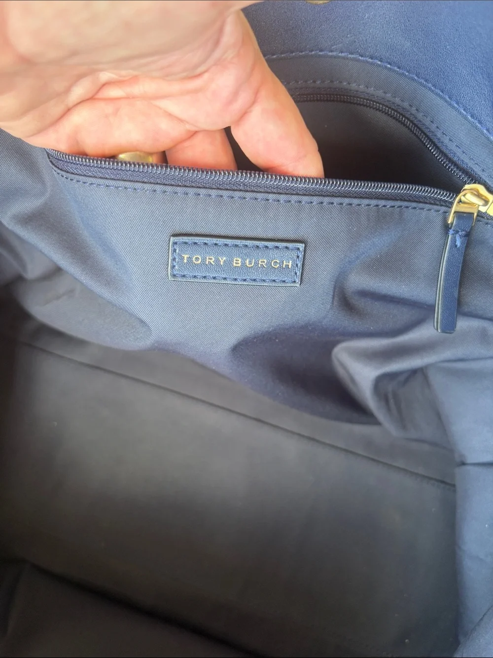 Tory Burch Ella Embroidered Logo Nylon & Leather Tote Bag. Navy